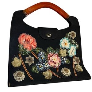 Floral Colorful Embellished Black Handbag with Needlework